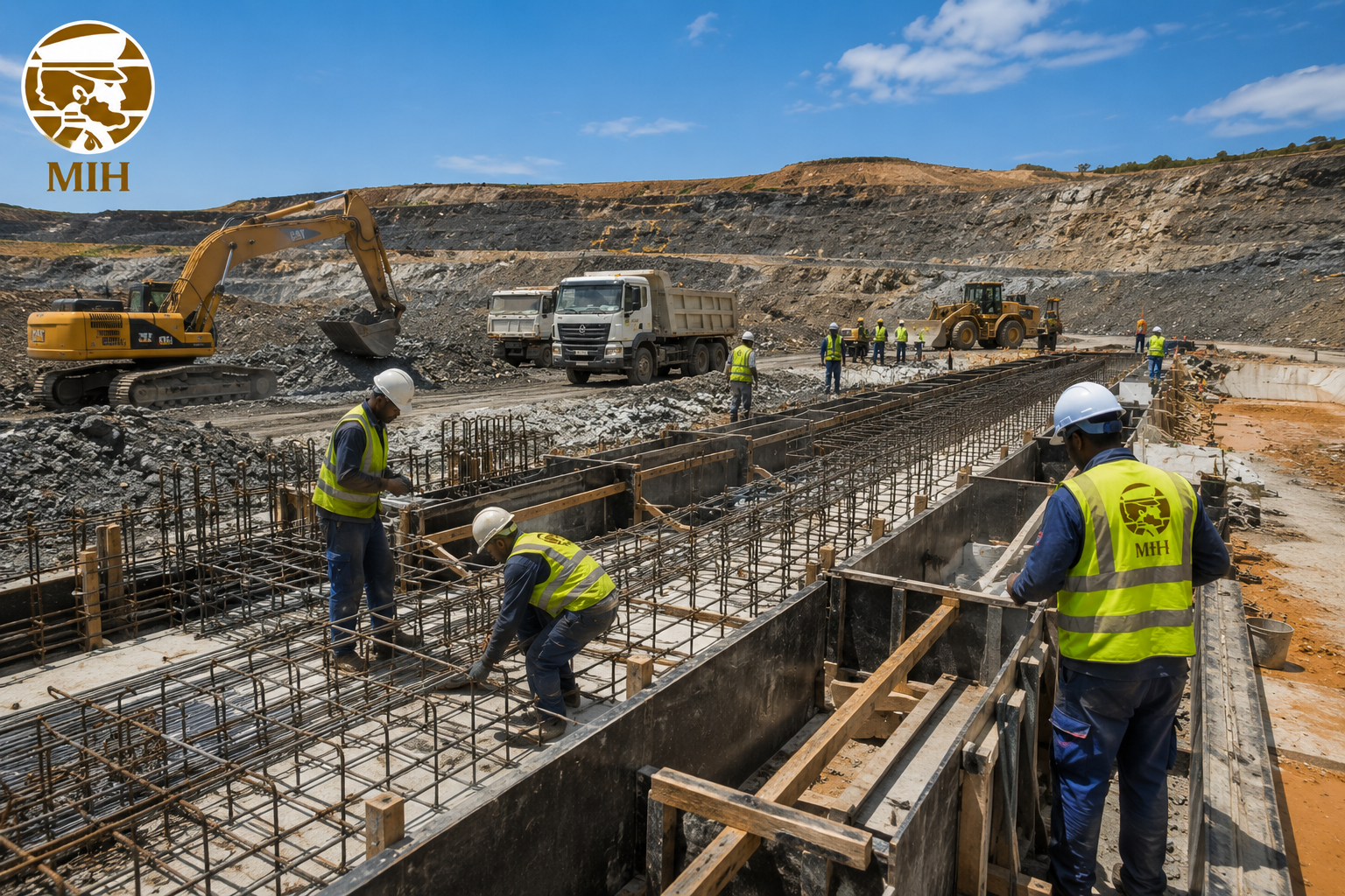MIH crews placing reinforced concrete with formwork at an open cast site